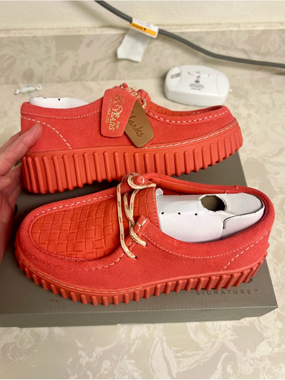 Clarks Suede Torhil Bee Comfort Platform Moccasin Toe Loafers (Coral)